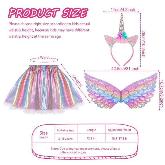 Hifot Einhorn Kostüm Prinzessin Set 3 Stück，Regenbogen Tutu Rock Mädchen Kostüm Tüllrock,Einhorn Haarreif Flügel für Mädchen für Unicorn Cosplay Kindergeburtstag Karneval