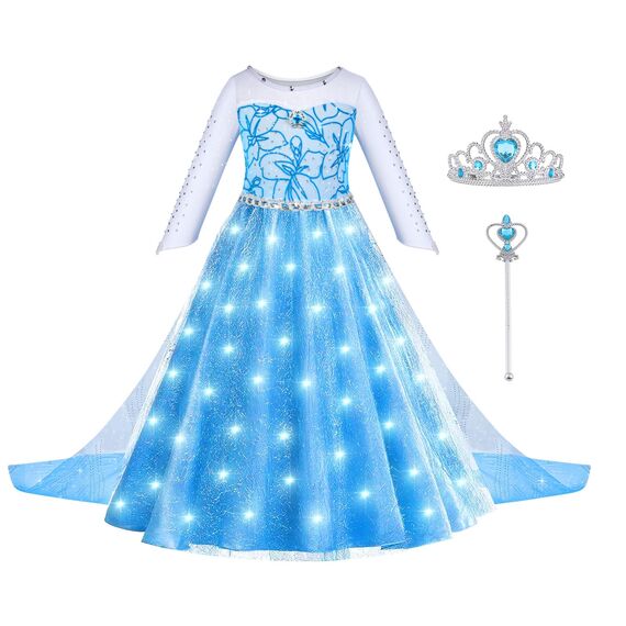 ACWOO LED Leuchtend Prinzessin Kleid, Kostüm Mädchen, Kleid Kinder Set mit Krone Zauberstab, Kostüm Accessoires für Weihnachten Verkleidung Karneval Halloween