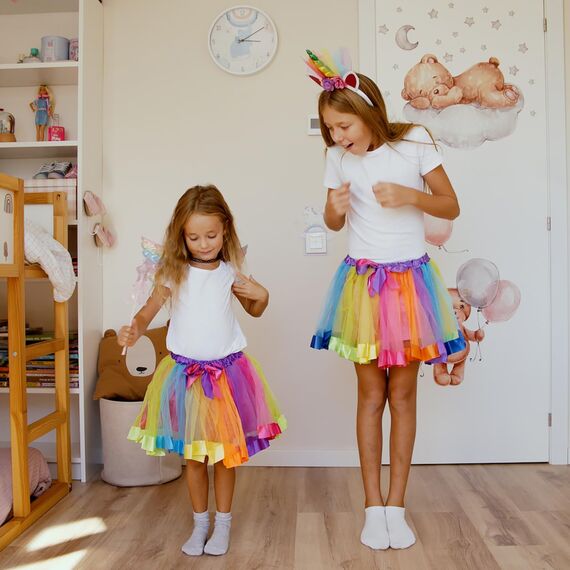 Hifot Einhorn Kostüm Prinzessin Set 2 Stück，Regenbogen Tutu Rock Mädchen Kostüm Tüllrock,Einhorn Haarreif für Mädchen für Unicorn Cosplay Kindergeburtstag Karneval