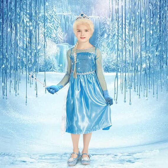Vicloon Elsa kostüm mädchen, 3pcs Elsa Kleid Kinder Set mit Krone Diadem Zauberstab,Halloween Weihnachten Geburtstag Party Kostüm,kostüm mädchen-Blue