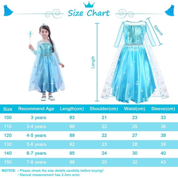 URAQT Kostüm Kinder Mädchen, 9-teiliges Set Kleid Kinder mit Krone Diadem Handschuhe Zauberstab für Weihnachten Verkleidung Karneval Halloween Geburtstag Party,100CM