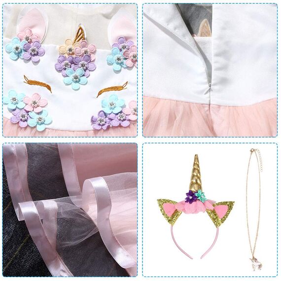URAQT Mädchen Prinzessin Kleid, Mädchen Einhorn Cosplay Karneval Verkleidung Party Hochzeit Prinzessin Kleid mit Halskette und Stirnband, 110CM, Rosa