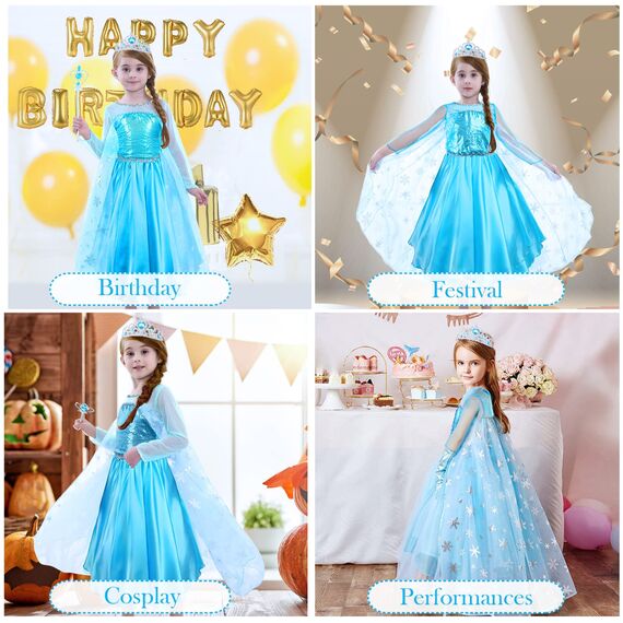 URAQT Kostüm Kinder Mädchen, 9-teiliges Set Kleid Kinder mit Krone Diadem Handschuhe Zauberstab für Weihnachten Verkleidung Karneval Halloween Geburtstag Party,140CM