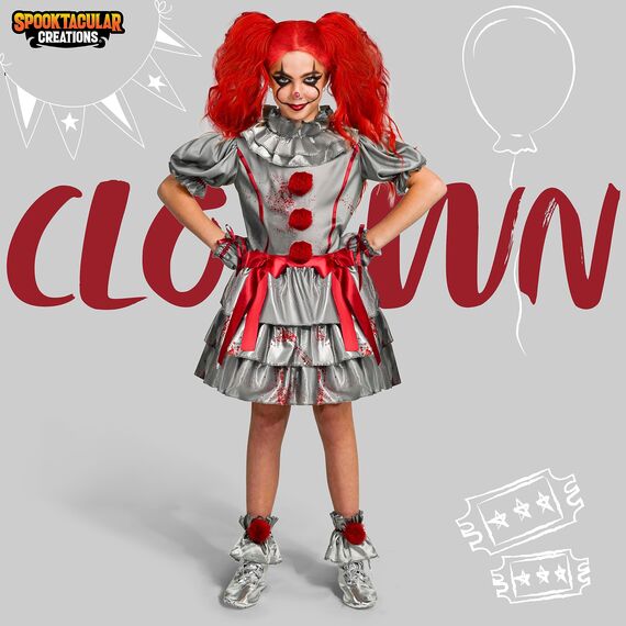 Spooktacular Creations Mädchen Clown Kostüm, Böser Clown Kleid, Gruseliger Narr Kostüm für Mädchen Halloween Dress Up, Rollenspiel, Cosplay Party-L