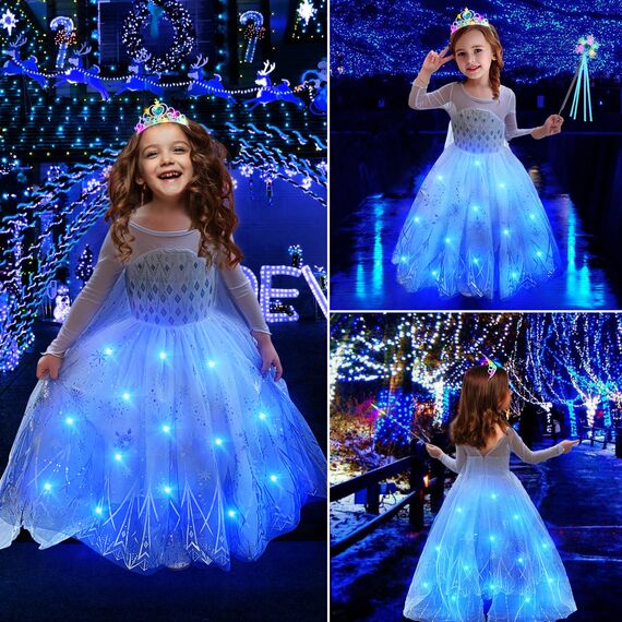 G.C LED Leuchtend Prinzessin Kleid Mädchen mit Perücke Krone Zauberstab Prinzessin Kostüm Verkleidung Geburtstag Weihnachten Fasching Karneval Halloween Kostüm für Kinder (110, 4-5 Jahre)