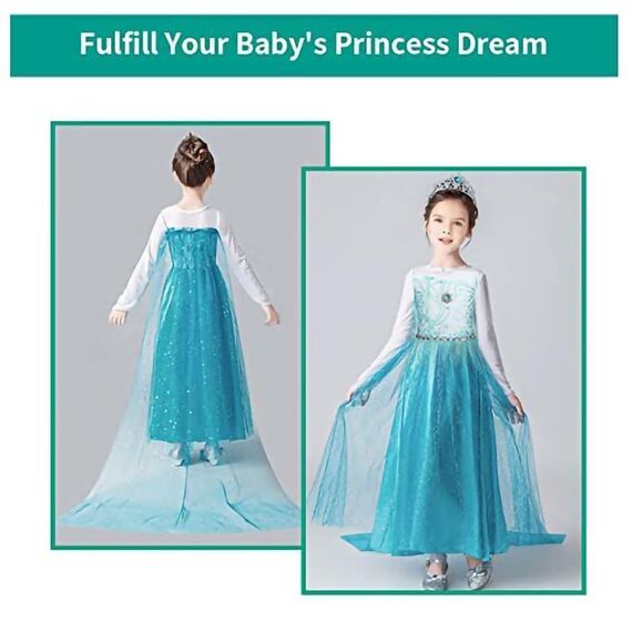 URAQT Mädchen Prinzessin Kostüm, Kinder Kleid 6-teiliges Set mit Krone Diadem Handschuhe Zauberstab usw für Weihnachten Verkleidung Karneval Halloween,140CM