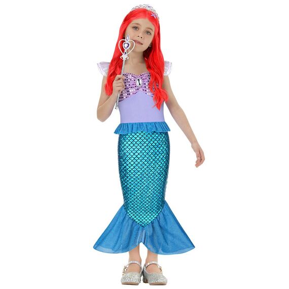AOOWU Meerjungfrau Kostüm Mädchen, 4-Teiliges Set Meerjungfrau Kleid Mädchen mit Perücke, Lila Krone und Zepter, Kostüm Kinder für Karneval Party Halloween Weihnachten Cosplay (140Cm)