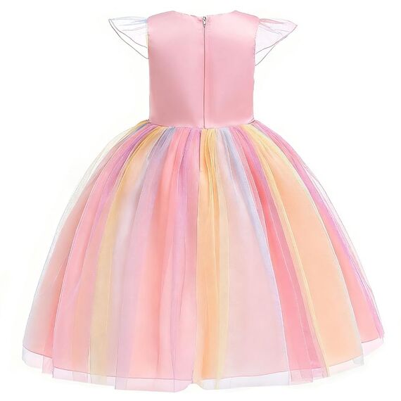 URAQT Mädchen Prinzessin Kleid, Mädchen Einhorn Cosplay Karneval Verkleidung Party Hochzeit Prinzessin Kleid mit Halskette und Stirnband, 130CM, Rosa&Gelb