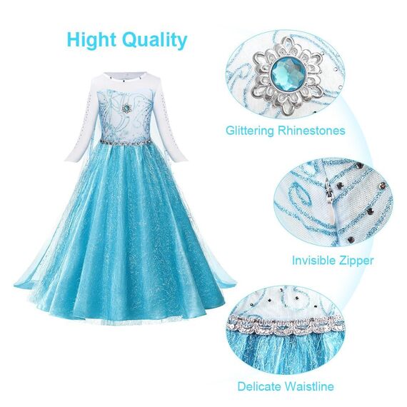 URAQT Kostüm Kinder Mädchen, 6-teiliges Set Kinder Prinzessin Kleid mit Krone Diadem Handschuhe Zauberstab usw für Weihnachten Karneval Halloween Rollenspiel(110)