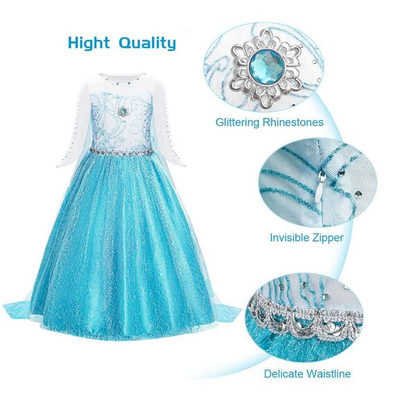 URAQT Mädchen Prinzessin Kostüm, Kinder Kleid 6-teiliges Set mit Krone Diadem Handschuhe Zauberstab usw für Weihnachten Verkleidung Karneval Halloween,120CM