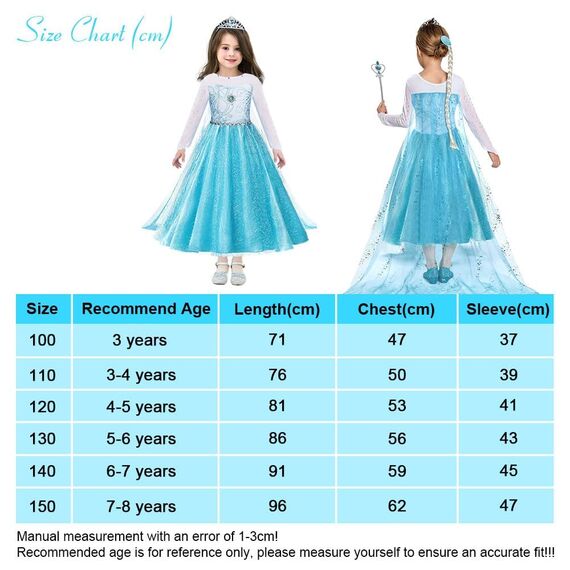 URAQT Kostüm Kinder Mädchen, 6-teiliges Set Kinder Prinzessin Kleid mit Krone Diadem Handschuhe Zauberstab usw für Weihnachten Karneval Halloween Rollenspiel(140)