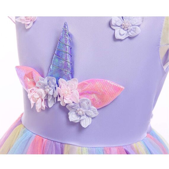 URAQT Mädchen Prinzessin Kleid, Mädchen Einhorn Cosplay Karneval Verkleidung Party Hochzeit Prinzessin Kleid mit Halskette und Stirnband, 150CM, Lila