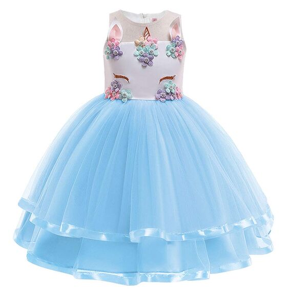 URAQT Mädchen Prinzessin Kleid, Mädchen Einhorn Cosplay Karneval Verkleidung Party Hochzeit Prinzessin Kleid mit Halskette und Stirnband, 140CM, Blau
