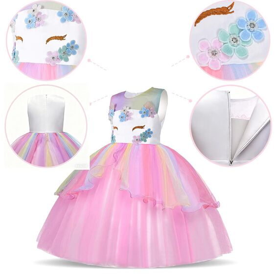 URAQT Kinder Einhorn Kostüm Kleid, Mädchen Einhorn Rock, Blumen Mädchen Ärmellos Partykleid, Geburtstagskleid Festkleid, Fasching Karneval Verkleidung mit Unicorn Outfit Set, 140cm（Rosa-B）