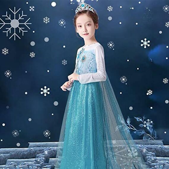 URAQT Mädchen Prinzessin Kostüm, Kinder Kleid 6-teiliges Set mit Krone Diadem Handschuhe Zauberstab usw für Weihnachten Verkleidung Karneval Halloween,130CM