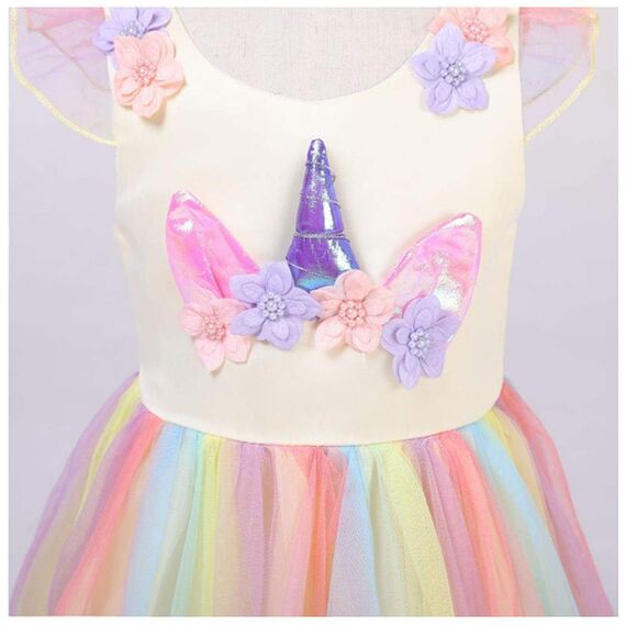 URAQT Mädchen Prinzessin Kleid, Mädchen Einhorn Cosplay Karneval Verkleidung Party Hochzeit Prinzessin Kleid mit Halskette und Stirnband, 140CM, Gelb