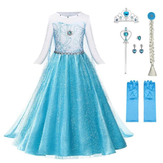 URAQT Kostüm Kinder Mädchen, 6-teiliges Set Kinder Prinzessin Kleid mit Krone Diadem Handschuhe Zauberstab usw für Weihnachten Karneval Halloween Rollenspiel(140)