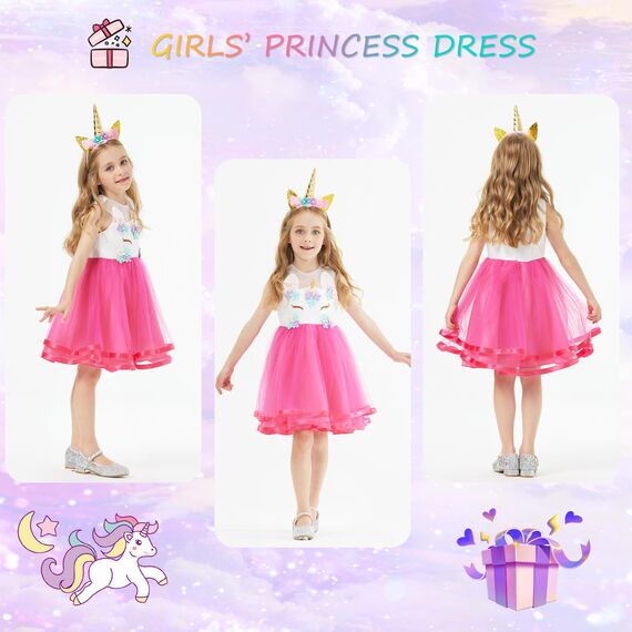 URAQT Kinder Einhorn Kostüm Kleid, Mädchen Einhorn Rock, Blumen Mädchen Ärmellos Partykleid mit Geburtstagskleid Festkleid Einhornhalskette und Einhornhaarband, 140cm, Rose Red