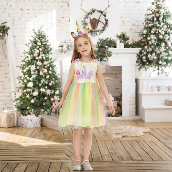 URAQT Mädchen Prinzessin Kleid, Mädchen Einhorn Cosplay Karneval Verkleidung Party Hochzeit Prinzessin Kleid mit Halskette und Stirnband, 150CM, Gelb