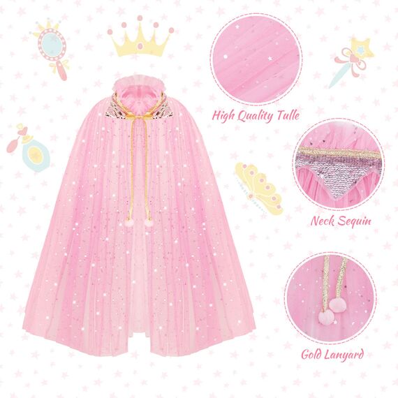 ACWOO Prinzessin Umhang Kinder Mädchen, ELSA Prinzessin Kostüm mit Krone, Halloween Kostüm Umhang Kinder, Prinzessin Cape für Karneval Cosplay Party (rosa, L)
