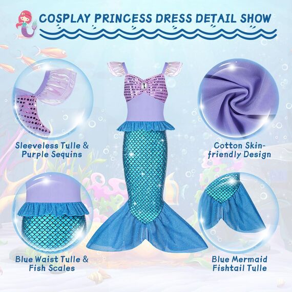 AOOWU Meerjungfrau Kostüm Mädchen, 4-Teiliges Set Meerjungfrau Kleid Mädchen mit Perücke, Lila Krone und Zepter, Kostüm Kinder für Karneval Party Halloween Weihnachten Cosplay (110Cm)