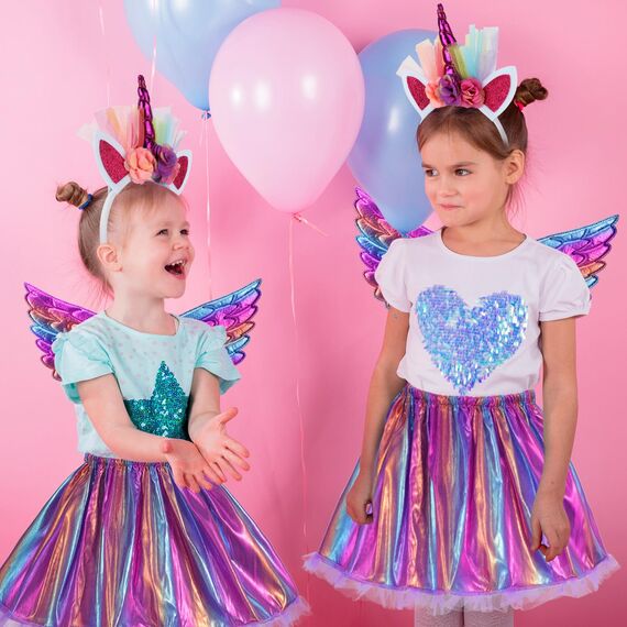 Hifot Einhorn Kostüm Prinzessin Set 3 Stück，Regenbogen Tutu Rock Mädchen Kostüm Tüllrock,Einhorn Haarreif Flügel für Mädchen für Unicorn Cosplay Kindergeburtstag Karneval