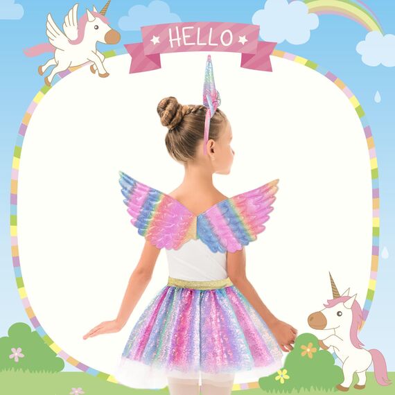 Hifot Einhorn Kostüm Prinzessin Set 3 Stück，Regenbogen Tutu Rock Mädchen Kostüm Tüllrock,Einhorn Haarreif Flügel für Mädchen für Unicorn Cosplay Kindergeburtstag Karneval