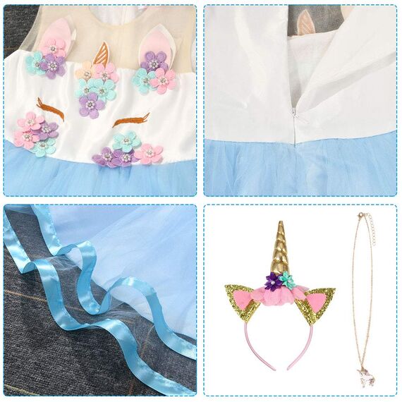 URAQT Mädchen Prinzessin Kleid, Mädchen Einhorn Cosplay Karneval Verkleidung Party Hochzeit Prinzessin Kleid mit Halskette und Stirnband, 100CM, Blau