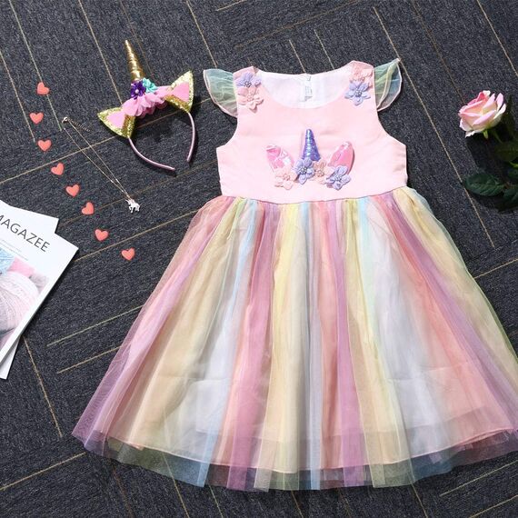 URAQT Mädchen Prinzessin Kleid, Mädchen Einhorn Cosplay Karneval Verkleidung Party Hochzeit Prinzessin Kleid mit Halskette und Stirnband, 130CM, Rosa&Gelb