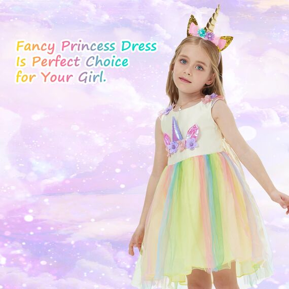 URAQT Mädchen Prinzessin Kleid, Mädchen Einhorn Cosplay Karneval Verkleidung Party Hochzeit Prinzessin Kleid mit Halskette und Stirnband, 130CM, Gelb