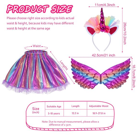 Hifot Einhorn Kostüm Prinzessin Set 3 Stück，Regenbogen Tutu Rock Mädchen Kostüm Tüllrock,Einhorn Haarreif Flügel für Mädchen für Unicorn Cosplay Kindergeburtstag Karneval