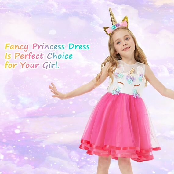 URAQT Kinder Einhorn Kostüm Kleid, Mädchen Einhorn Rock, Blumen Mädchen Ärmellos Partykleid mit Geburtstagskleid Festkleid Einhornhalskette und Einhornhaarband, 120cm, Rose Red