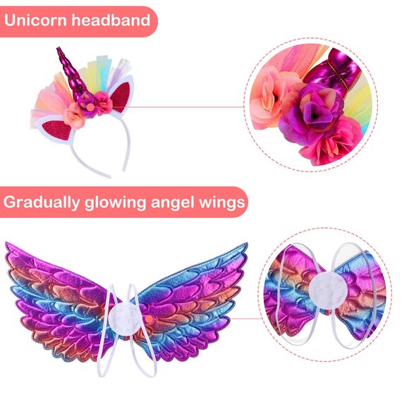 Hifot Einhorn Kostüm Prinzessin Set 3 Stück，Regenbogen Tutu Rock Mädchen Kostüm Tüllrock,Einhorn Haarreif Flügel für Mädchen für Unicorn Cosplay Kindergeburtstag Karneval