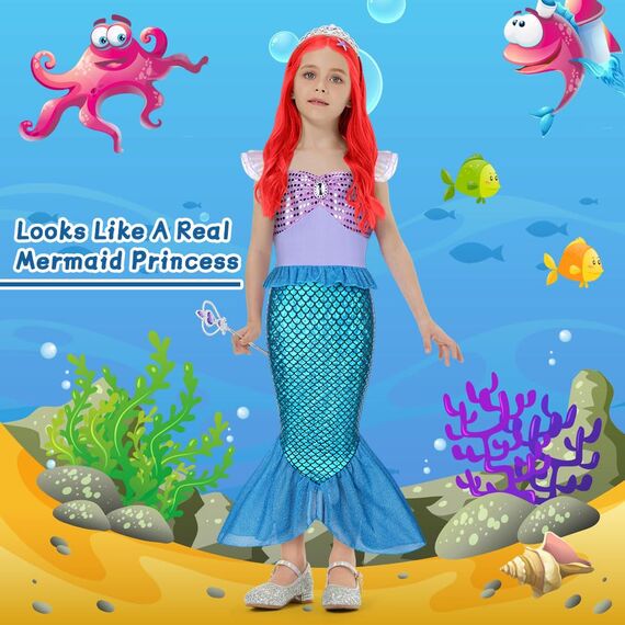 AOOWU Meerjungfrau Kostüm Mädchen, 4-Teiliges Set Meerjungfrau Kleid Mädchen mit Perücke, Lila Krone und Zepter, Kostüm Kinder für Karneval Party Halloween Weihnachten Cosplay (100Cm)