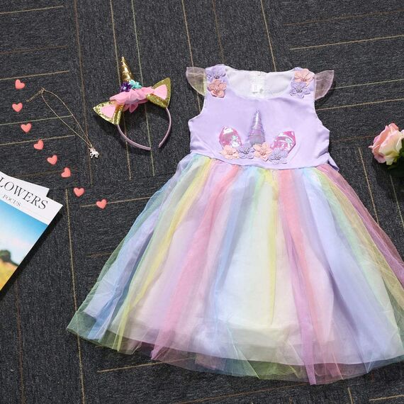 URAQT Mädchen Prinzessin Kleid, Mädchen Einhorn Cosplay Karneval Verkleidung Party Hochzeit Prinzessin Kleid mit Halskette und Stirnband, 120CM, Lila