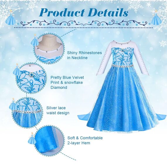 ACWOO Kostüm Mädchen, Kinder Prinzessin Kleidfür, Kinder Kleid mit Krone Zauberstab für Halloween Weihnachten Verkleidung Karneval