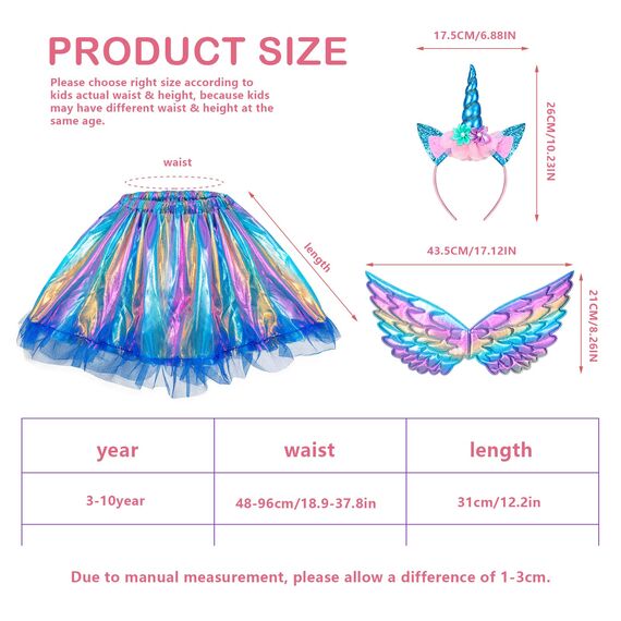 Hifot Einhorn Kostüm Prinzessin Set 3 Stück，Regenbogen Tutu Rock Mädchen Kostüm Tüllrock,Einhorn Haarreif Flügel für Mädchen für Unicorn Cosplay Kindergeburtstag Karneval