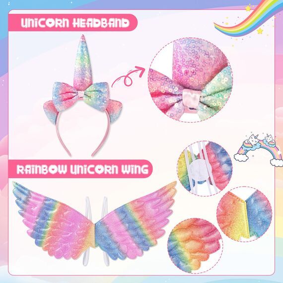 Hifot Einhorn Kostüm Prinzessin Set 3 Stück，Regenbogen Tutu Rock Mädchen Kostüm Tüllrock,Einhorn Haarreif Flügel für Mädchen für Unicorn Cosplay Kindergeburtstag Karneval