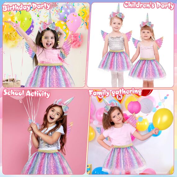 Hifot Einhorn Kostüm Prinzessin Set 3 Stück，Regenbogen Tutu Rock Mädchen Kostüm Tüllrock,Einhorn Haarreif Flügel für Mädchen für Unicorn Cosplay Kindergeburtstag Karneval