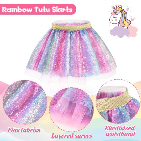 Hifot Einhorn Kostüm Prinzessin Set 3 Stück，Regenbogen Tutu Rock Mädchen Kostüm Tüllrock,Einhorn Haarreif Flügel für Mädchen für Unicorn Cosplay Kindergeburtstag Karneval