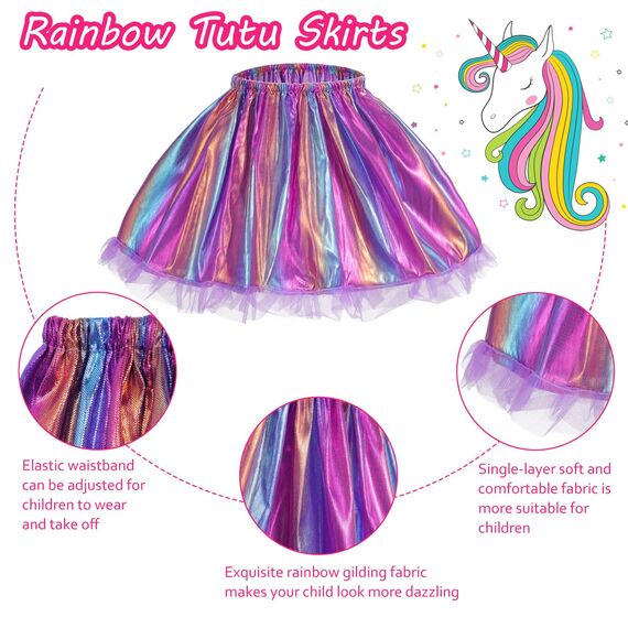 Hifot Einhorn Kostüm Prinzessin Set 3 Stück，Regenbogen Tutu Rock Mädchen Kostüm Tüllrock,Einhorn Haarreif Flügel für Mädchen für Unicorn Cosplay Kindergeburtstag Karneval