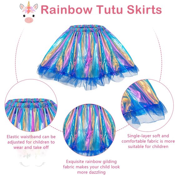 Hifot Einhorn Kostüm Prinzessin Set 3 Stück，Regenbogen Tutu Rock Mädchen Kostüm Tüllrock,Einhorn Haarreif Flügel für Mädchen für Unicorn Cosplay Kindergeburtstag Karneval