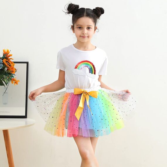 Hifot Einhorn Kostüm Prinzessin Set 2 Stück，Regenbogen Tutu Rock Mädchen Kostüm Tüllrock,Einhorn Haarreif für Mädchen für Unicorn Cosplay Kindergeburtstag Karneval