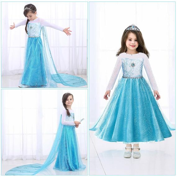 URAQT Kostüm Kinder Mädchen, 6-teiliges Set Kinder Prinzessin Kleid mit Krone Diadem Handschuhe Zauberstab usw für Weihnachten Karneval Halloween Rollenspiel(130)