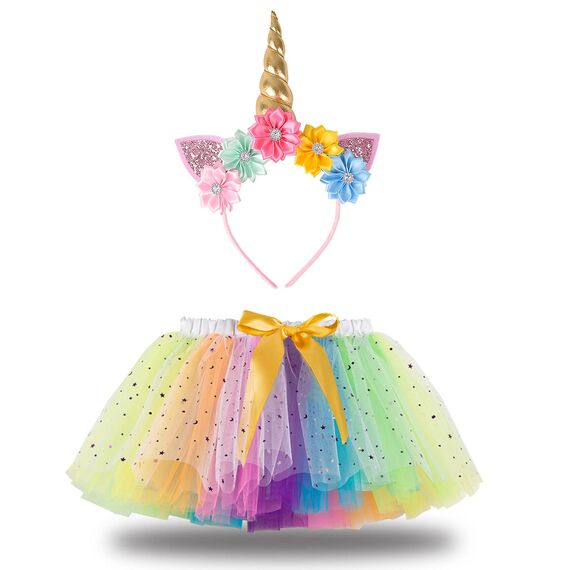 Hifot Einhorn Kostüm Prinzessin Set 2 Stück，Regenbogen Tutu Rock Mädchen Kostüm Tüllrock,Einhorn Haarreif für Mädchen für Unicorn Cosplay Kindergeburtstag Karneval