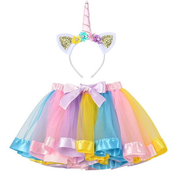 Hifot Einhorn Kostüm Prinzessin Set 2 Stück，Regenbogen Tutu Rock Mädchen Kostüm Tüllrock,Einhorn Haarreif für Mädchen für Unicorn Cosplay Kindergeburtstag Karneval
