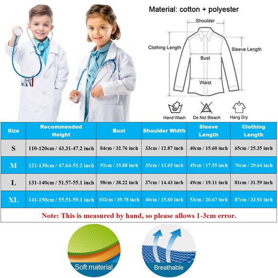 CoatCool Arztkittel Kinder Kittel Baumwolle Laborkittel für Junge Mädchen Chemie Kittel Labormantel Langarm Medizin Laborkittel Weiß Kostüm Doktor Mantel Kinder für Schüler Studium Labor, L