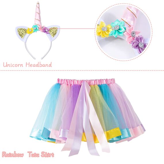 Hifot Einhorn Kostüm Prinzessin Set 2 Stück，Regenbogen Tutu Rock Mädchen Kostüm Tüllrock,Einhorn Haarreif für Mädchen für Unicorn Cosplay Kindergeburtstag Karneval