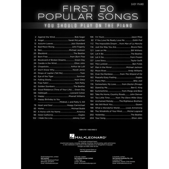First 50 Popular Songs You Should Play On The Piano -For Easy Piano- (Book): Noten, Sammelband für Klavier