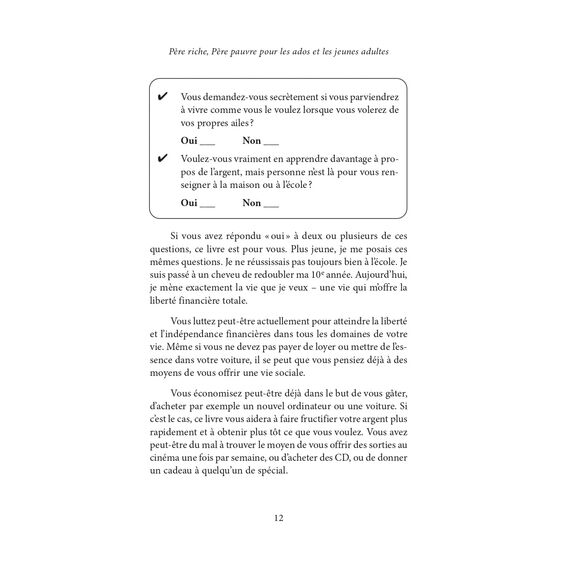 Père riche, père pauvre pour les ados et les jeunes adultes: Les secrets à propos de l'argent... Qui ne sont pas enseignés à l'école !